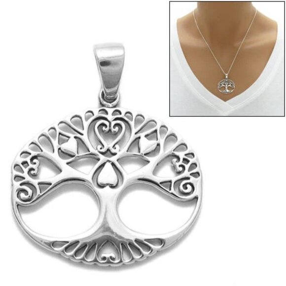 CHARMING STERLING SILVER HEARTS INFUSED TREE OF LIFE IN CIRCLE PENDANT. - Picture 1 of 3